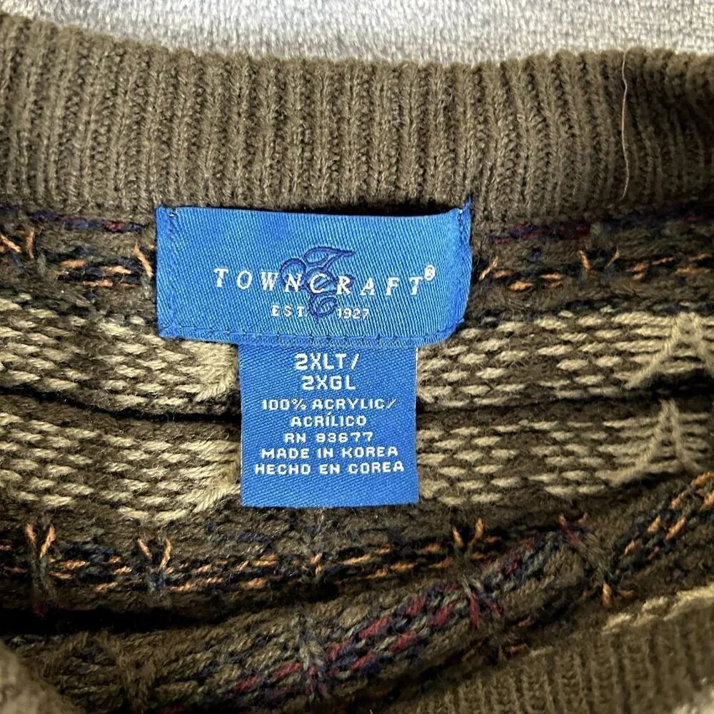 Vintage Towncraft Sweater Mens 2XL Brown Argyle Chunky Pullover Grandpa 90s